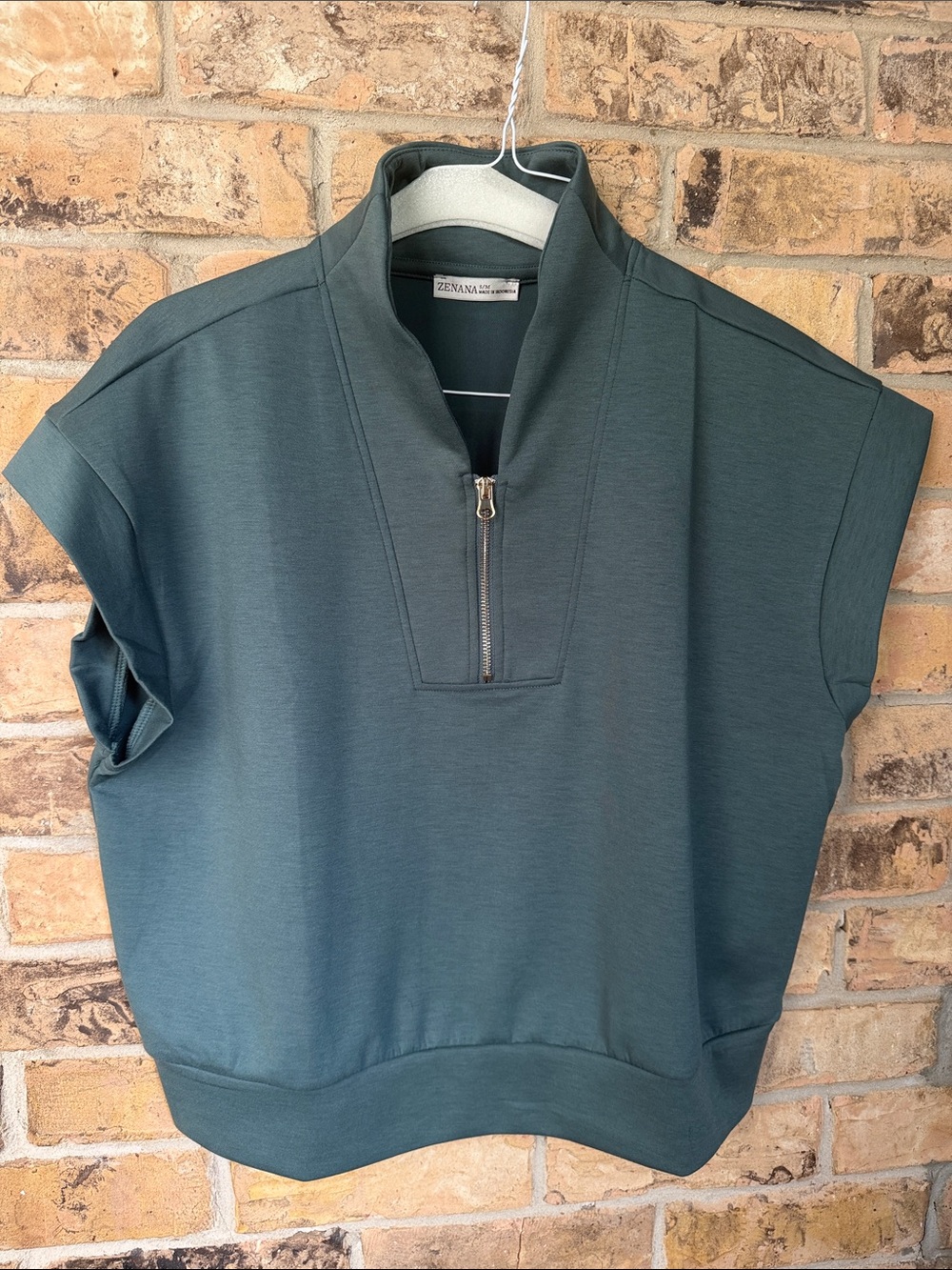 Zenana Outfitters Short Sleeve Zip Neck Top in Teal